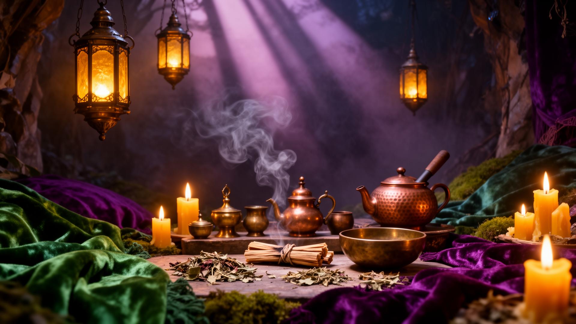 A luminous ritual sanctuary opening into violet woodland